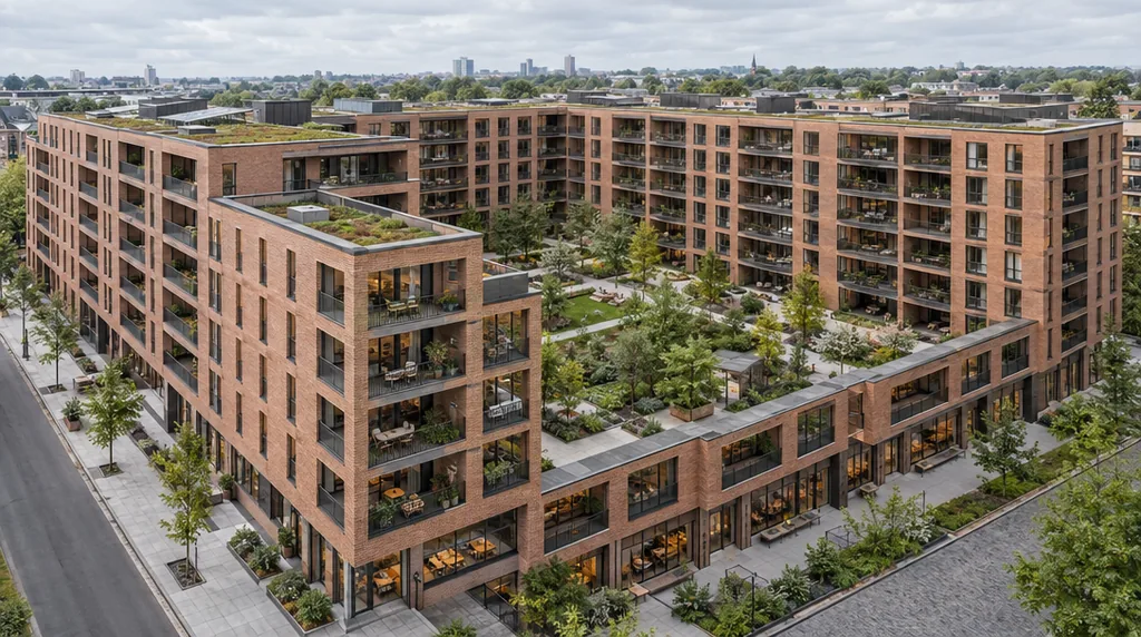 AI architecture concept of six-story brick courtyard housing with deep balconies and a planted shared garden