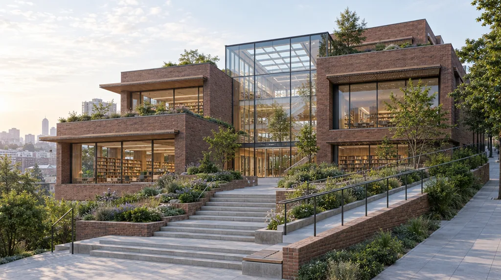 AI architecture concept of a terraced brick public library with deep windows, planted steps and an accessible ramp