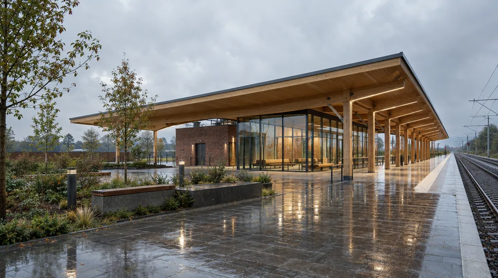 AI architecture concept of a small train station with a broad timber canopy, glazed hall and rainy forecourt