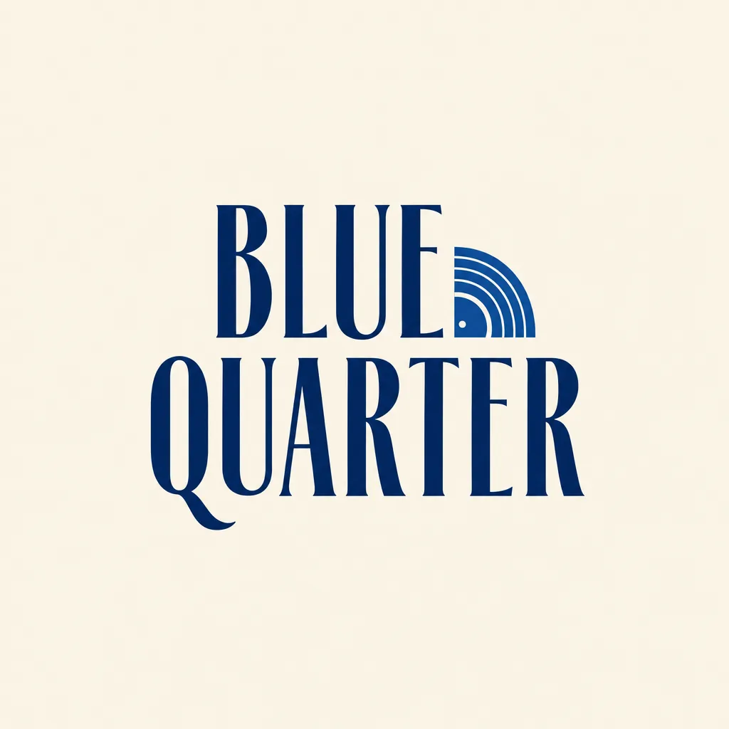 Concept de logo jazz BLUE QUARTER, avec un lettrage bleu marine condensé et élégant et un petit arc de disque bleu sur fond crème