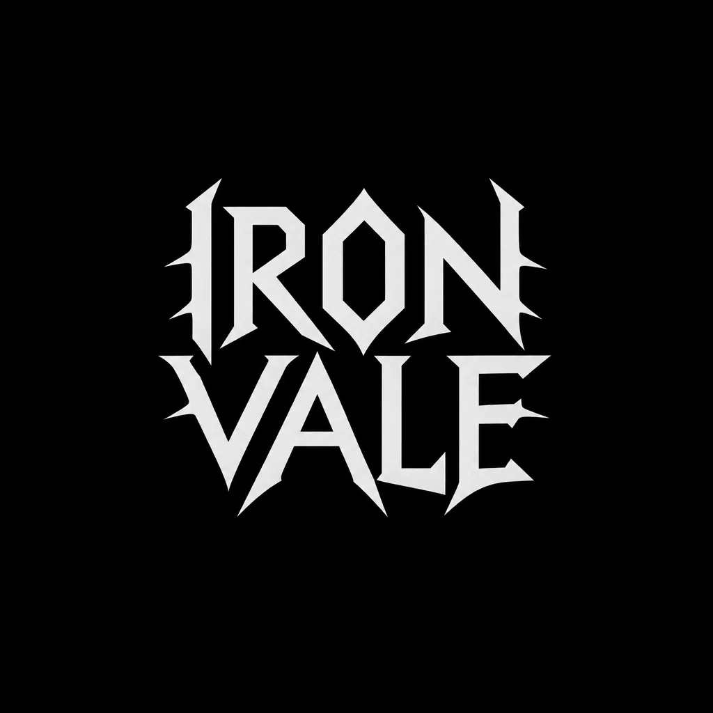 Concept de logo metal IRON VALE aux lettres argentées anguleuses et aux détails épineux discrets sur fond noir