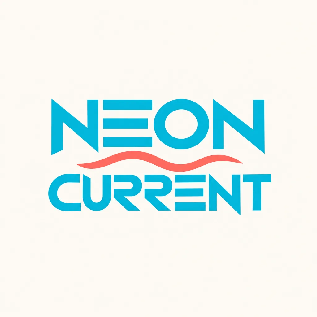 Concept de logo électronique NEON CURRENT aux lettres cyan géométriques et aux accents ondulés corail sur fond blanc cassé chaleureux