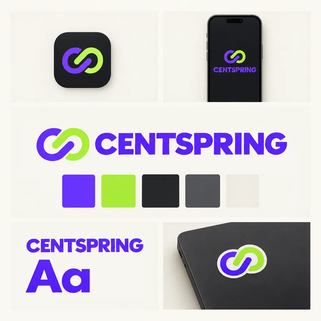 CENTSPRING budgeting app brand board with an interlocking violet and lime link icon, violet, lime and charcoal swatches, and app icon, phone screen and laptop sticker mockups