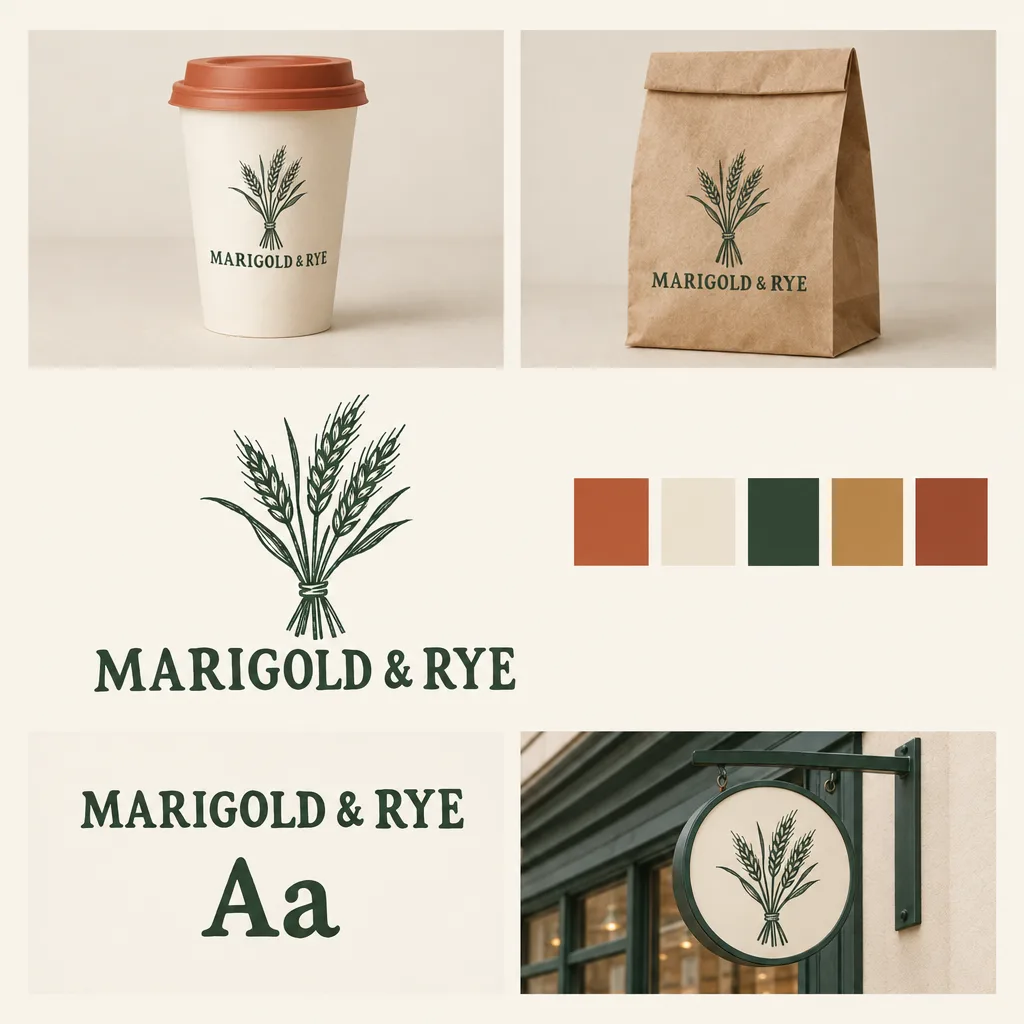 MARIGOLD & RYE bakery café brand board with a wheat mark, terracotta, cream and deep green swatches, and cup, paper bakery bag and storefront sign mockups