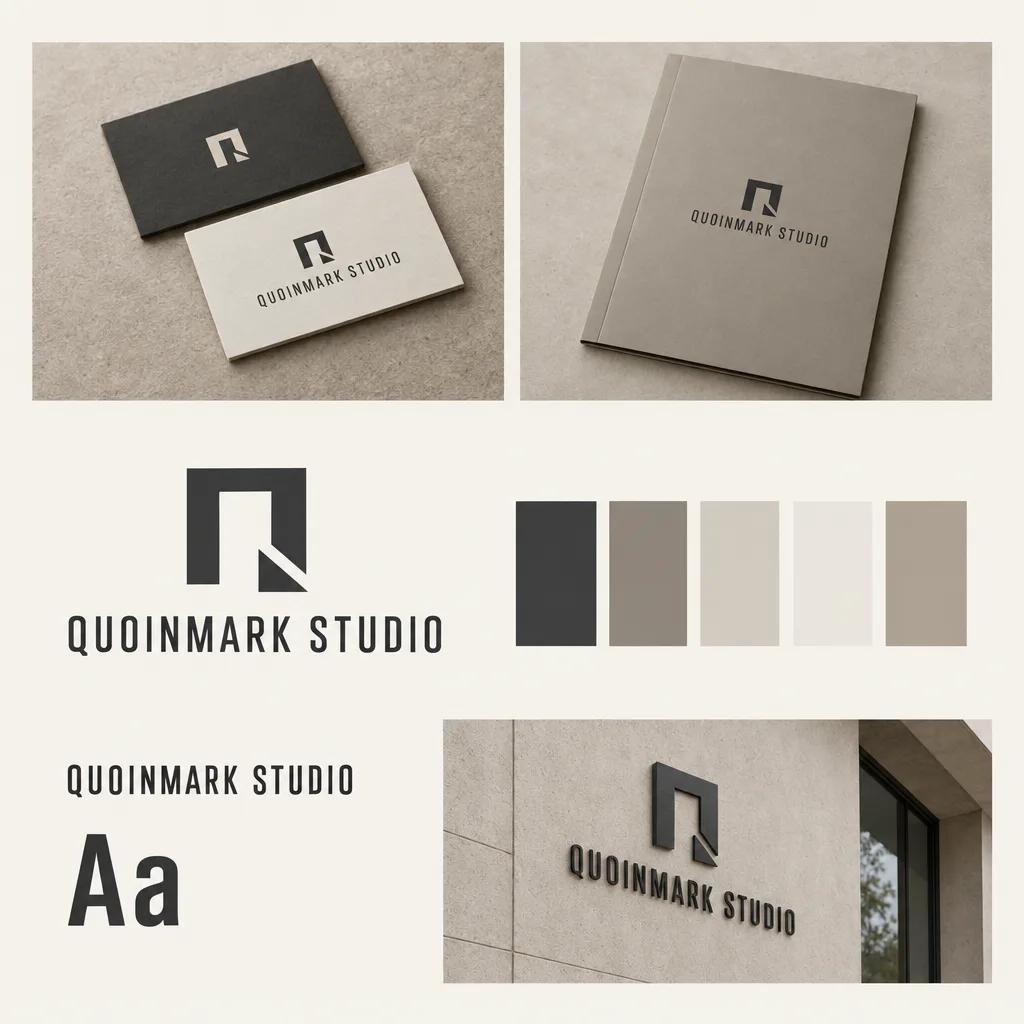 QUOINMARK STUDIO architecture brand board with a geometric mark, charcoal, warm stone and off-white swatches, and business card, folder and signage mockups
