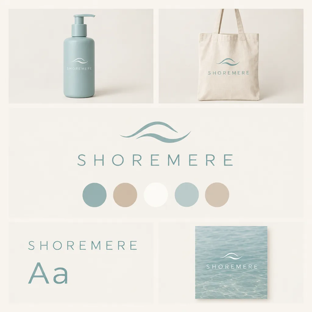 SHOREMERE skincare studio brand board with a minimal wave symbol, sea-glass blue, sand and white swatches, and pump bottle, tote bag and social post mockups