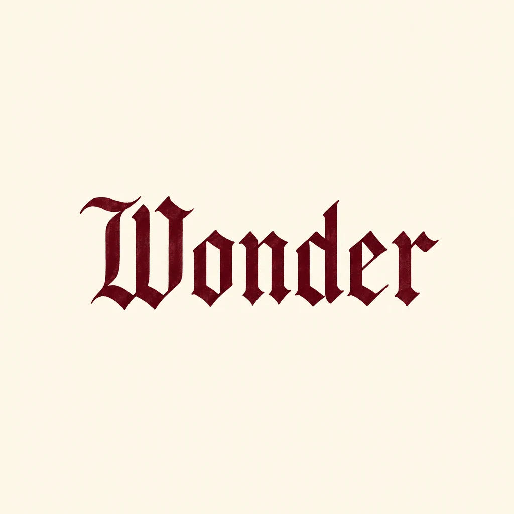 The word Wonder in burgundy blackletter calligraphy on a cream background.