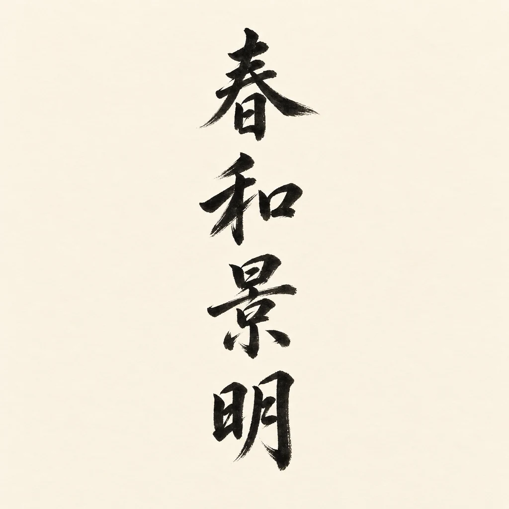 Four Chinese characters 春和景明 written from top to bottom in a single black-ink column on an off-white ground.