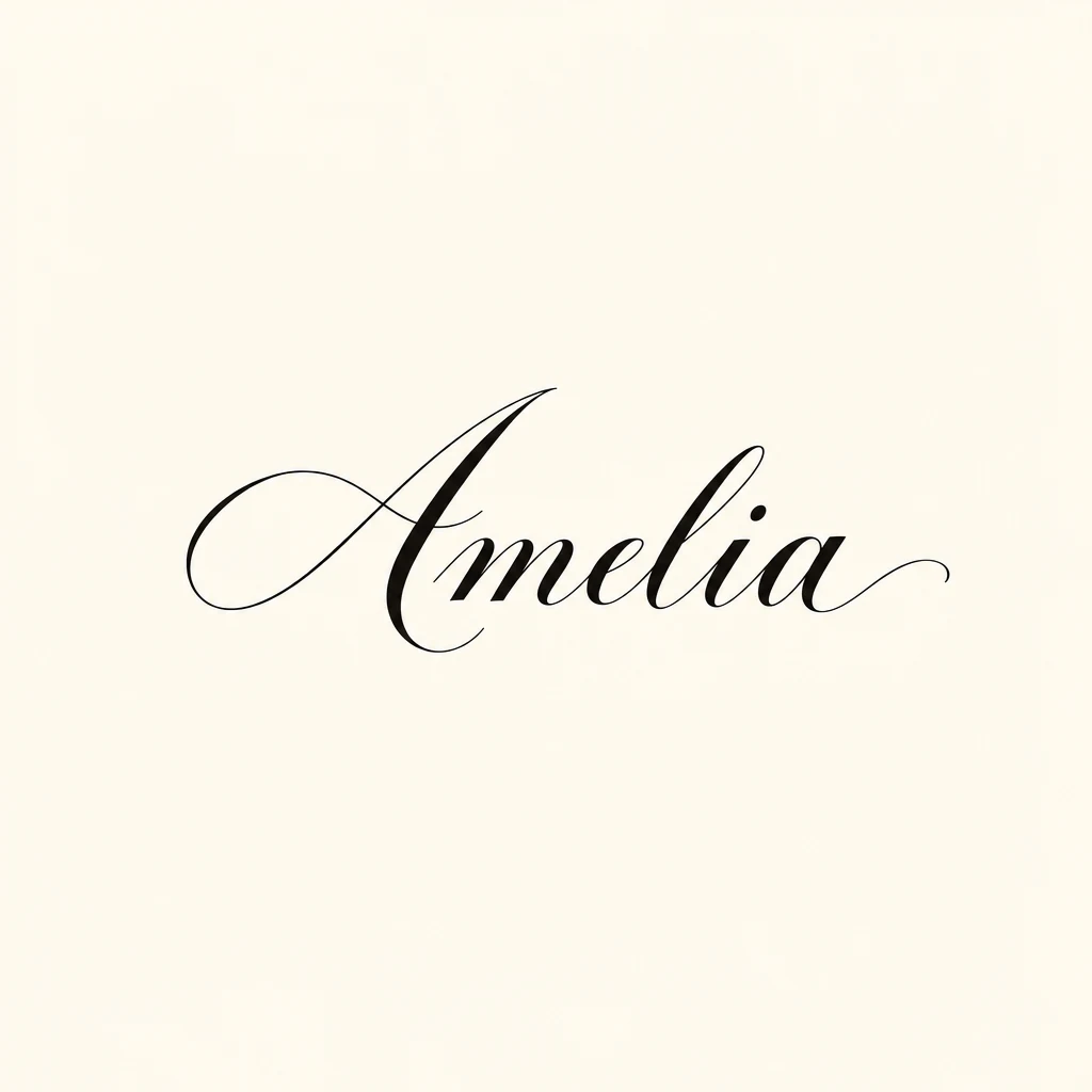 The name Amelia in black copperplate calligraphy with fine hairlines and restrained flourishes on ivory.