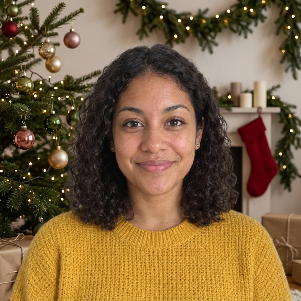 A curly-haired woman in a mustard sweater in front of a lit Christmas tree, a pine garland and a red stocking.