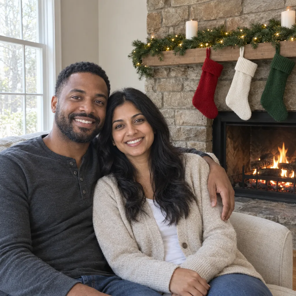 A couple on a sofa by a stone fireplace with a low fire, a lit garland and red, white and green stockings.