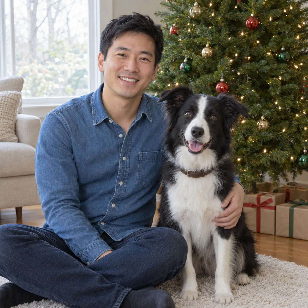 A man in a denim shirt on a rug, his arm around a black-and-white border collie, by a lit Christmas tree.