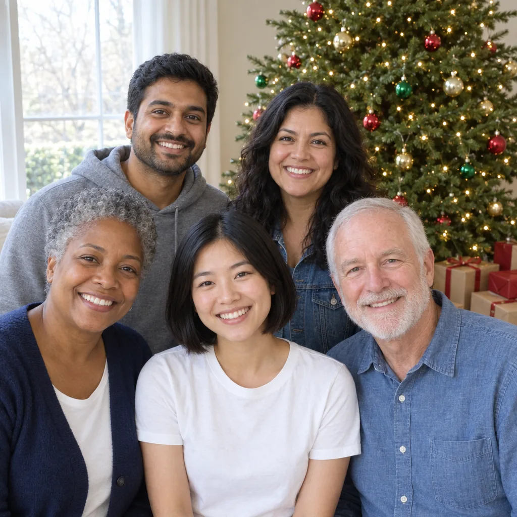 Five smiling friends of different ages in a bright living room, with a lit Christmas tree and wrapped gifts behind them.