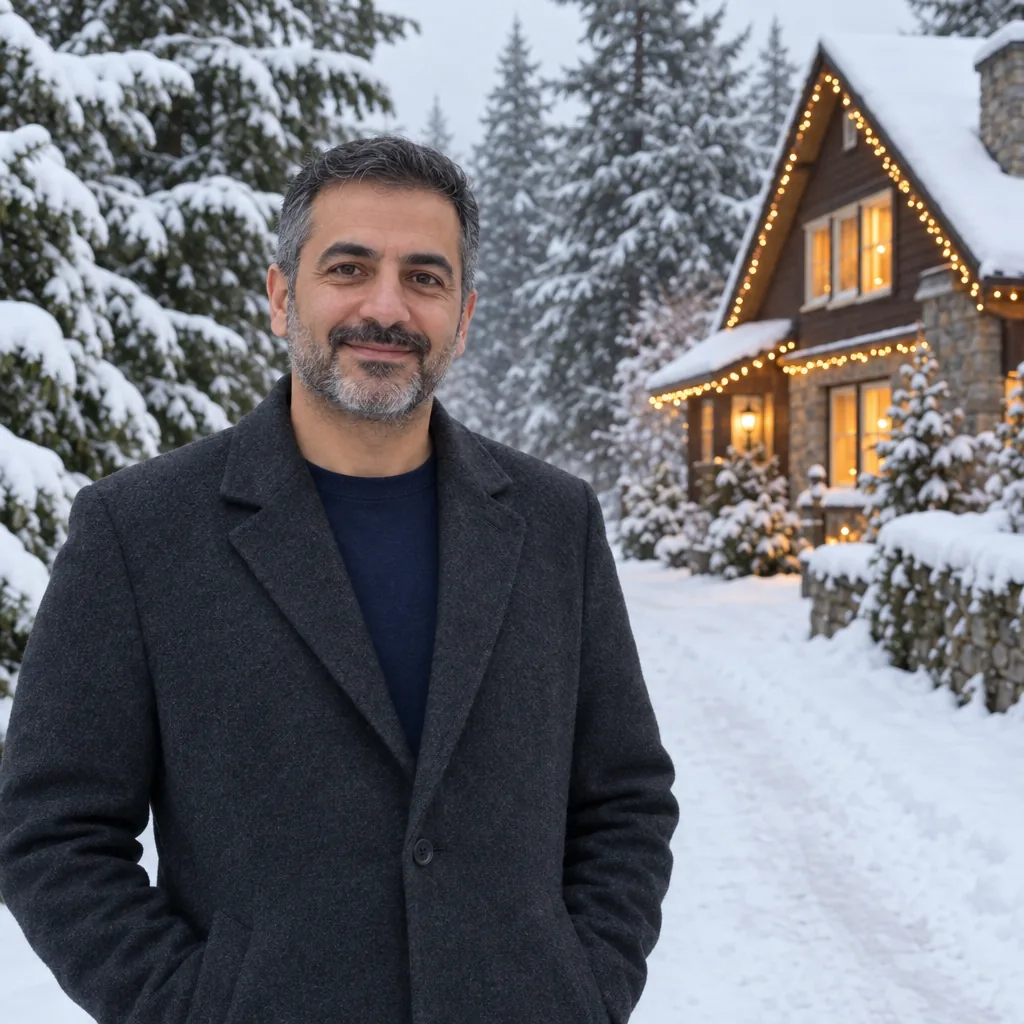 A bearded man in a charcoal coat stands on a snowy lane by snow-covered firs and a house strung with warm lights.