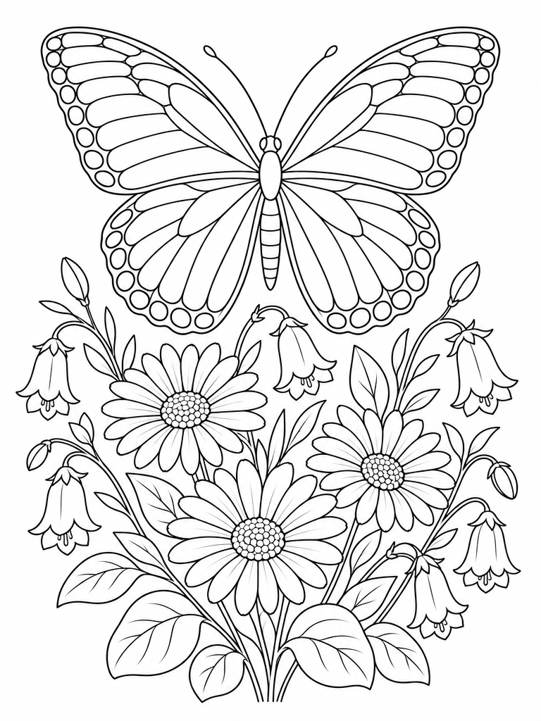 Detailed black-and-white coloring page of a butterfly above daisies, bellflowers and leaves