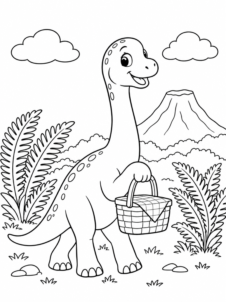 Long-neck dinosaur carrying a picnic basket between ferns, with a distant volcano and clouds in a coloring-page outline