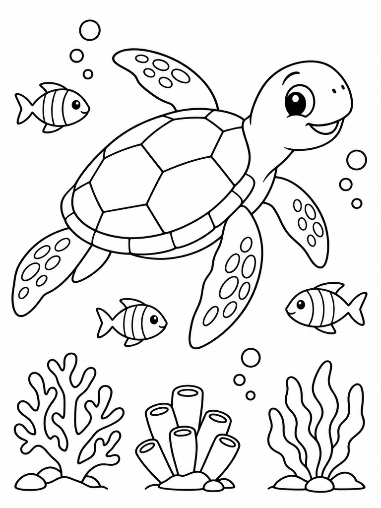 Black outline coloring page of a sea turtle, three fish, coral and bubbles on white