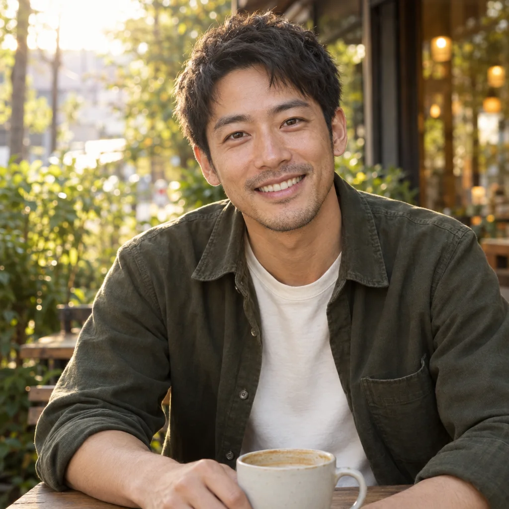 Un hombre sonriente con una sobrecamisa verde oliva se inclina hacia la cámara en una cafetería al aire libre, con una taza de café y luz cálida del sol.