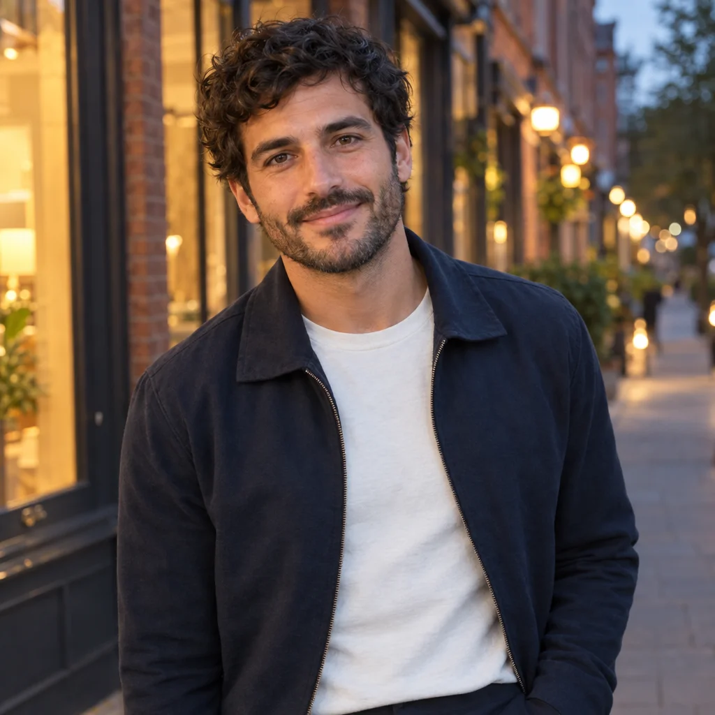 Un hombre de pelo oscuro y barba corta, con chaqueta azul marino y camiseta marfil, sonríe en una calle con luces cálidas al fondo.
