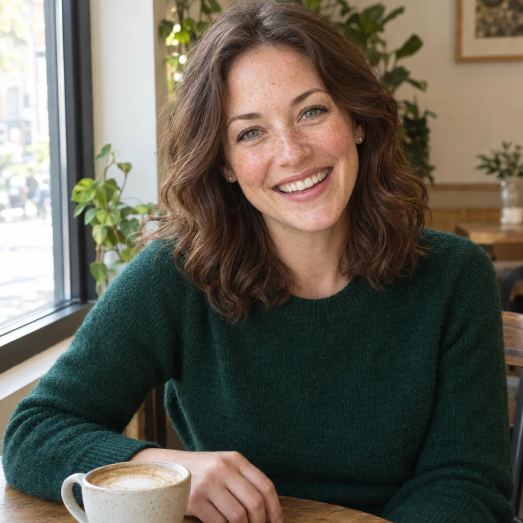 Una mujer sonriente con pelo castaño ondulado y pecas lleva un jersey verde junto a la ventana de una cafetería, con una taza de café sobre la mesa.