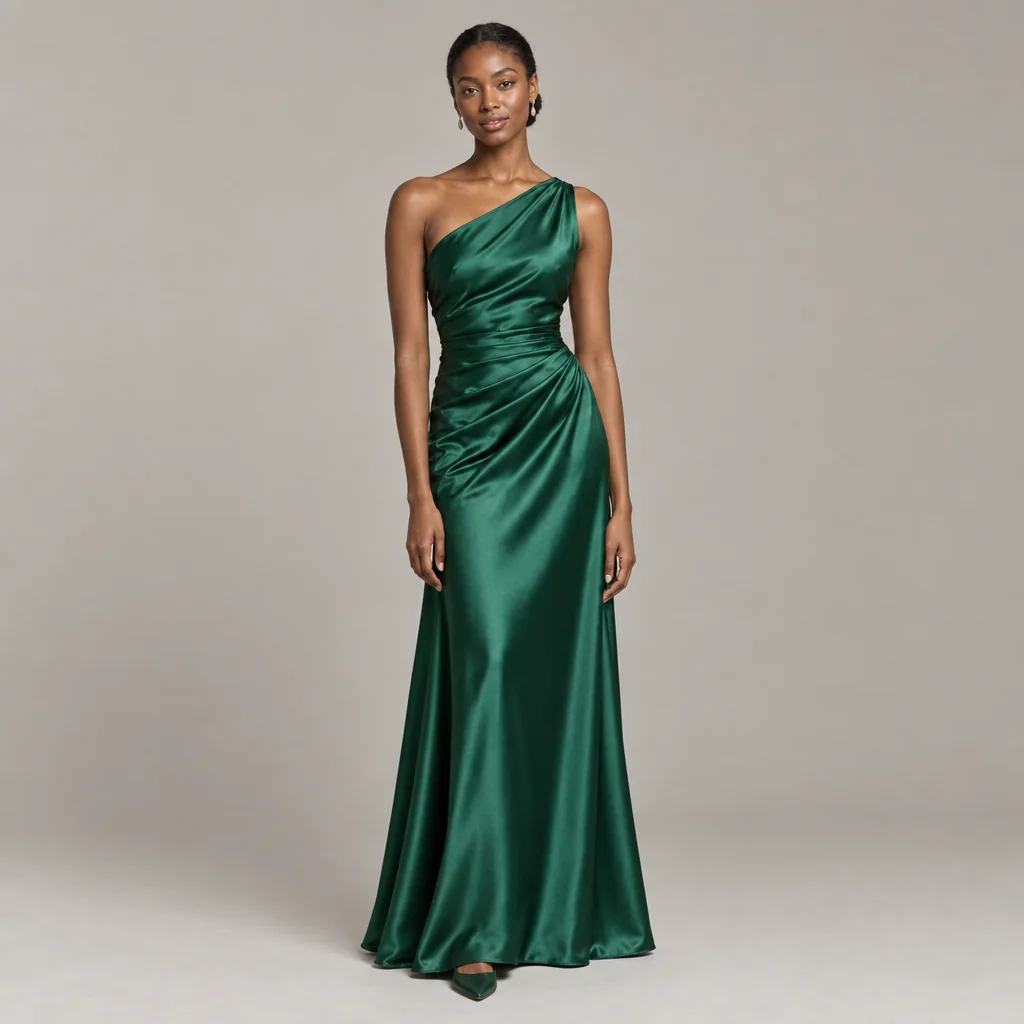 AI fashion design concept of an adult model wearing an emerald draped evening gown on a plain background