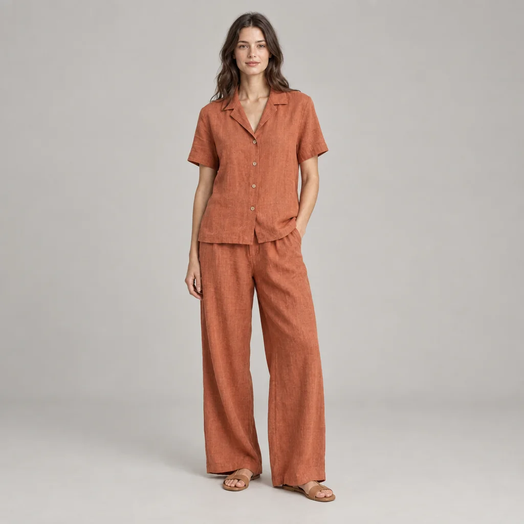 Fashion concept of an adult model wearing a terracotta linen shirt and matching wide-leg trousers