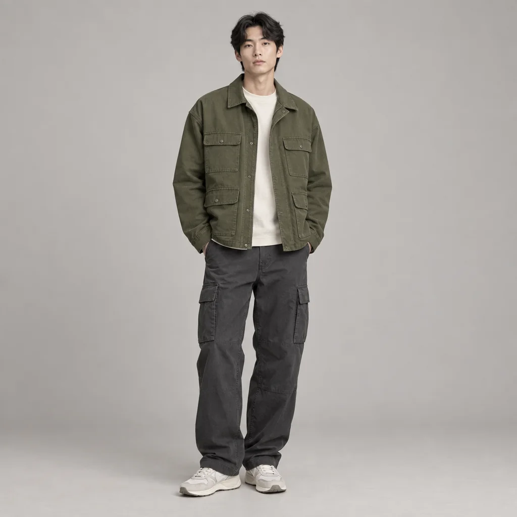 Clothing concept of an adult model wearing a layered utility jacket and loose cargo trousers
