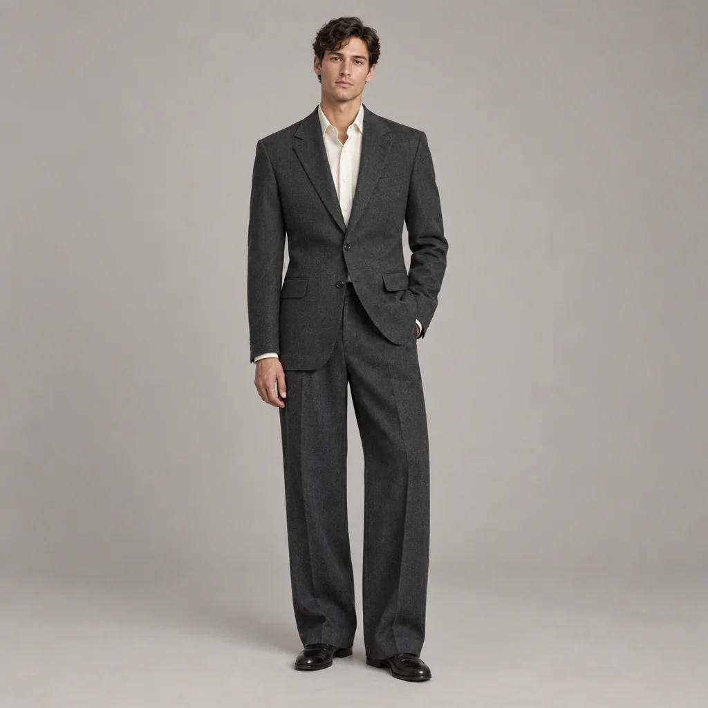 AI clothing design concept of an adult model wearing a charcoal tailored suit with a defined shoulder line