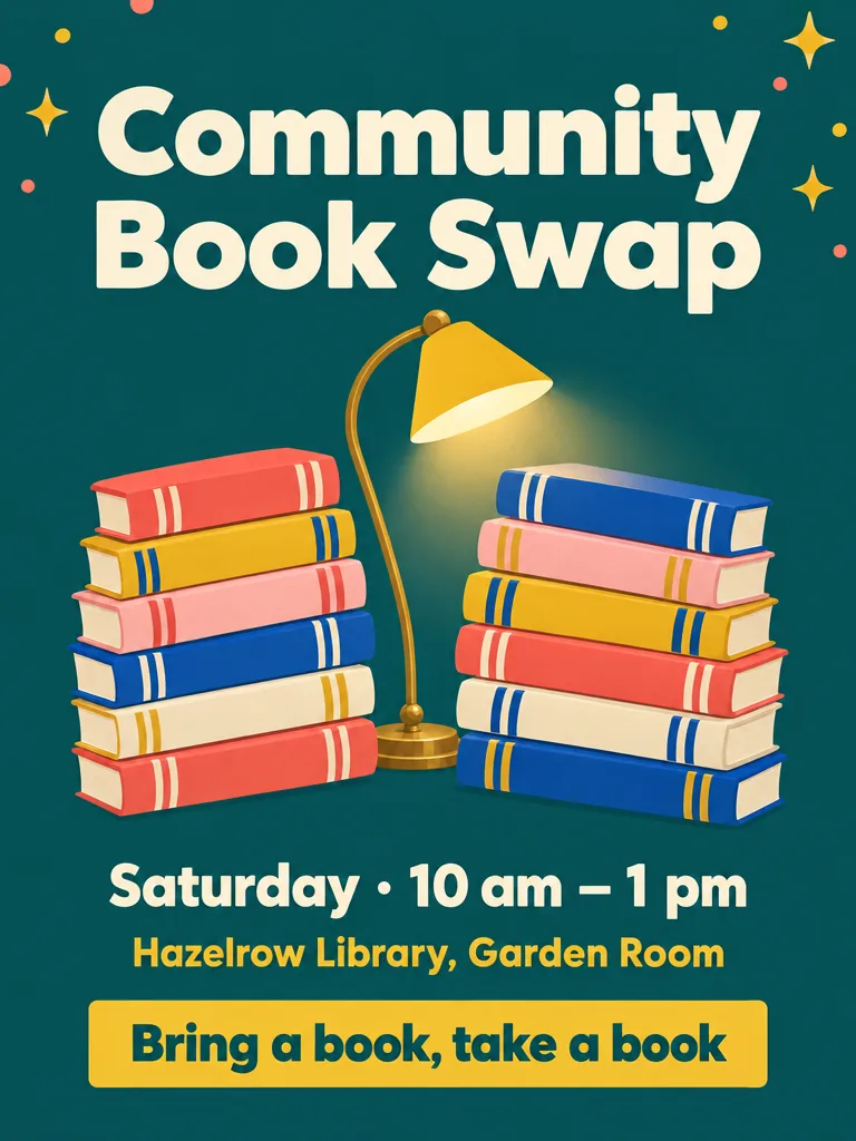 Flyer für einen Büchertausch in der Nachbarschaft mit einer flächigen Illustration gestapelter Bücher, mit dem Text: Community Book Swap; Saturday, 10 am – 1 pm; Hazelrow Library, Garden Room; Bring a book, take a book