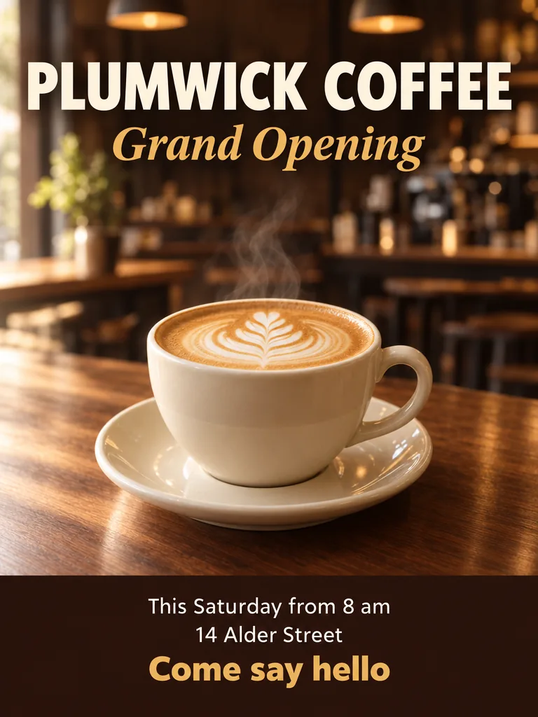 Flyer zur Neueröffnung mit einem warmen Foto von Milchkaffee und Theke in Creme- und Espressotönen, mit dem Text: PLUMWICK COFFEE; Grand Opening; This Saturday from 8 am; 14 Alder Street; Come say hello