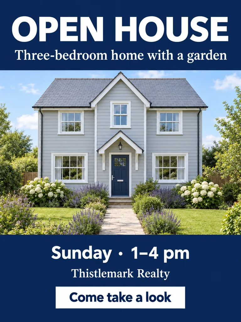 Flyer für eine offene Hausbesichtigung in einem Layout in Marineblau und Weiß mit einem Foto der Außenansicht eines Hauses, mit dem Text: OPEN HOUSE; Three-bedroom home with a garden; Sunday, 1–4 pm; Thistlemark Realty; Come take a look