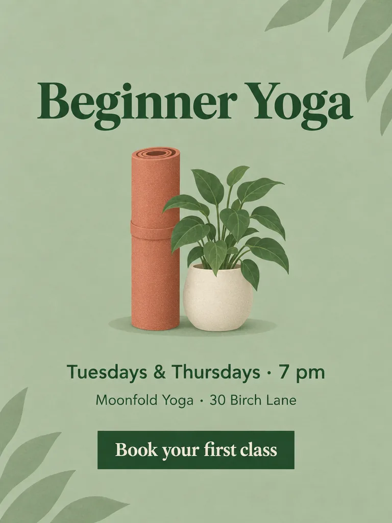 Flyer für einen Yogakurs auf sanftem salbeigrünem Hintergrund mit einer Illustration einer aufgerollten terrakottafarbenen Matte und einer Topfpflanze, mit dem Text: Beginner Yoga; Tuesdays & Thursdays, 7 pm; Moonfold Yoga, 30 Birch Lane; Book your first class
