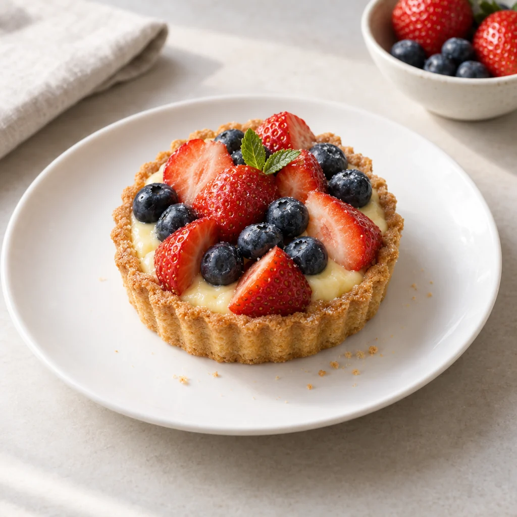 Erdbeer-Blaubeer-Tarte — Food-Fotografie-Konzept mit Zutaten, Geschirr und natürlichen Schatten