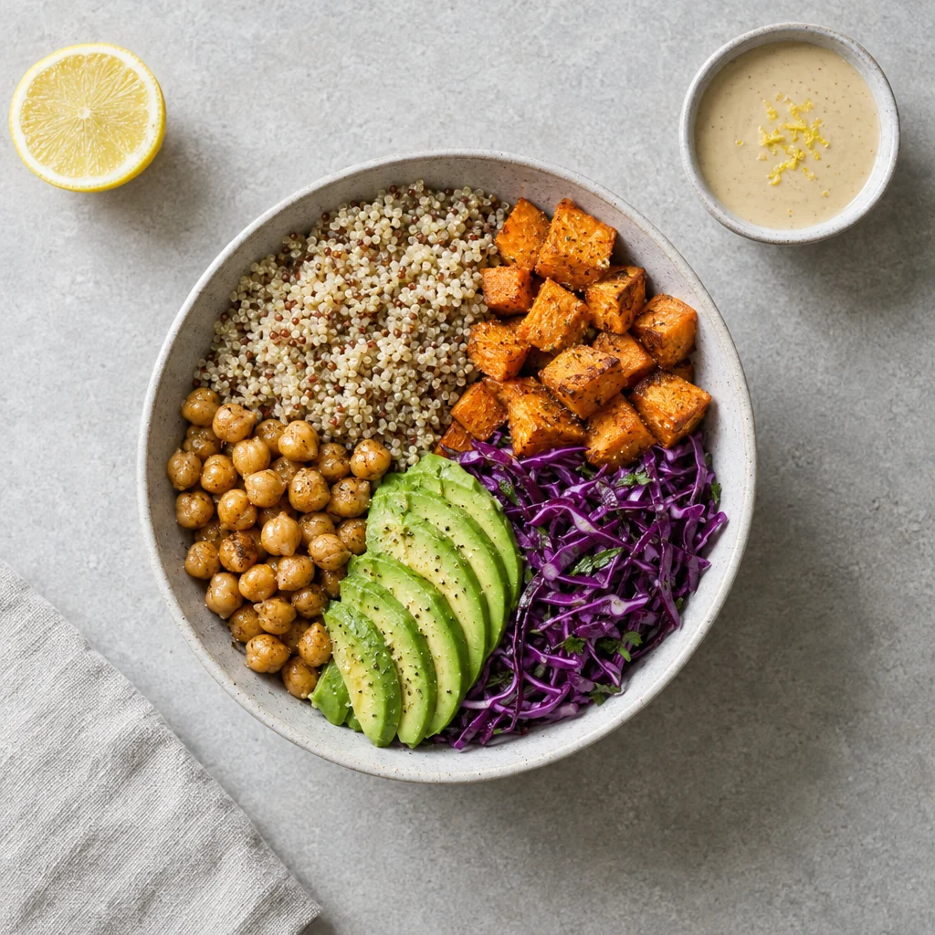 Quinoa-Gemüse-Bowl von oben — Food-Fotografie-Konzept mit Zutaten, Geschirr und natürlichen Schatten