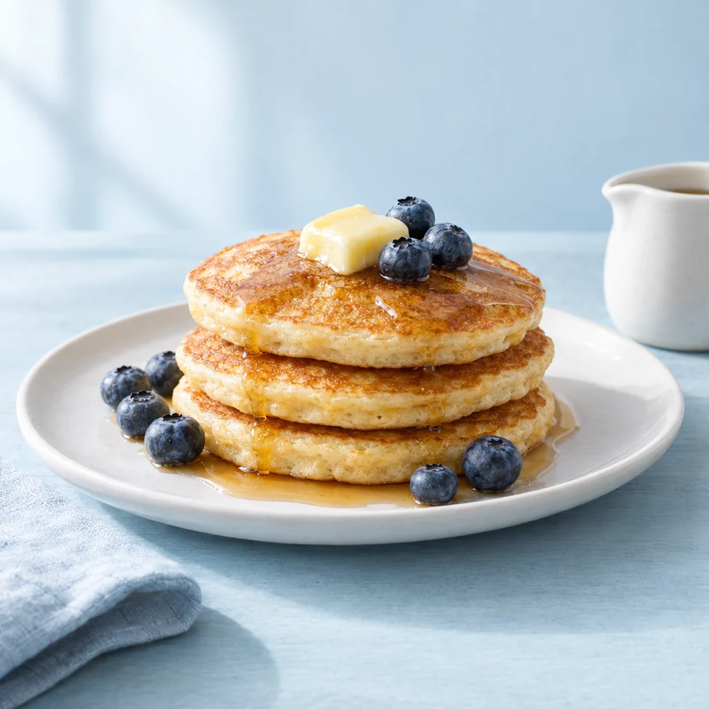 Blaubeer-Pancakes — Food-Fotografie-Konzept mit Zutaten, Geschirr und natürlichen Schatten