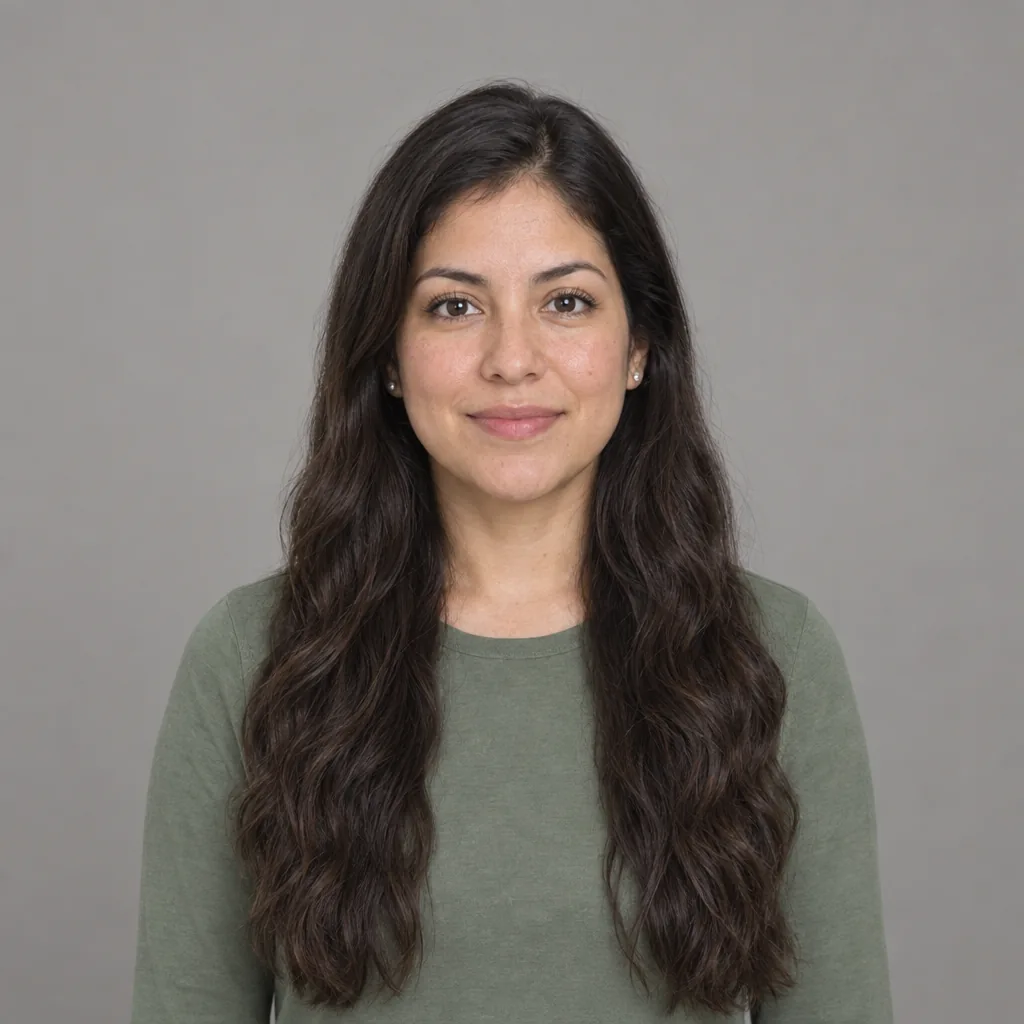 Woman in her early 30s with long dark-brown waves falling past her shoulders, a sage top and a plain warm-gray backdrop