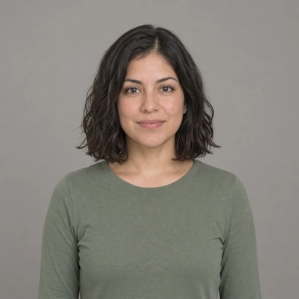 AI hairstyle changer result: the same woman with her dark-brown waves cut into a bob with soft layers that ends just below the chin
