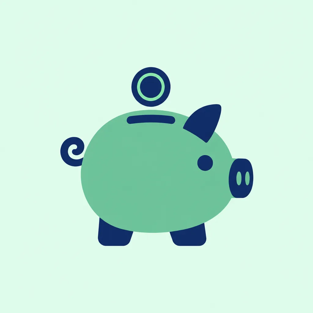 Zweifarbiges App-Icon im Flat Design: ein Sparschwein in Marineblau und Mint, in dessen Schlitz eine Münze fällt, zentriert auf einem hellen Mint-Hintergrund, der bis an jeden Rand reicht.