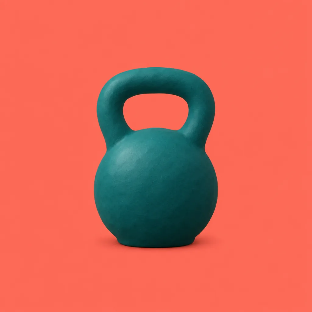 App-Icon in Knetoptik: eine wuchtige, matte Kettlebell, zentriert auf einem Korallenrot, das das Quadrat von Rand zu Rand füllt.
