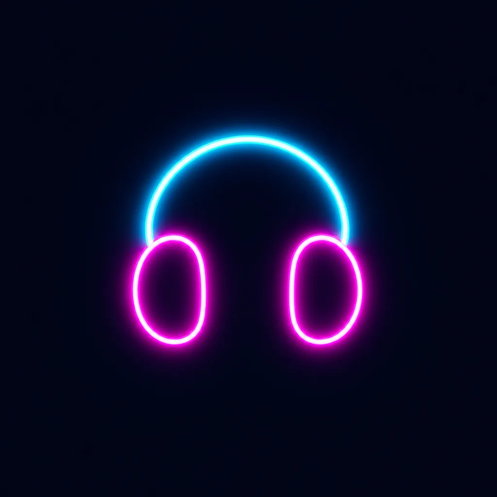 Neon-App-Icon mit Over-Ear-Kopfhörern, gezeichnet als leuchtende Röhren in Cyan und Magenta, zentriert auf einem schlichten, fast schwarzen Quadrat.