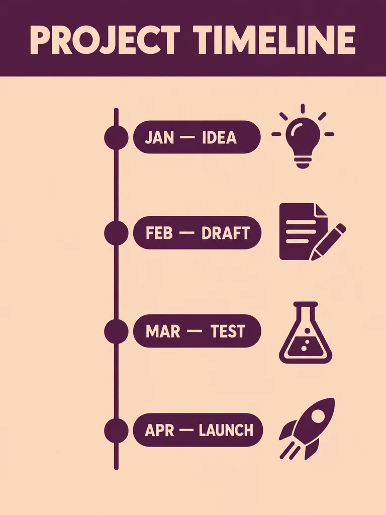 Plum and peach project timeline labeled JAN — IDEA, FEB — DRAFT, MAR — TEST and APR — LAUNCH.