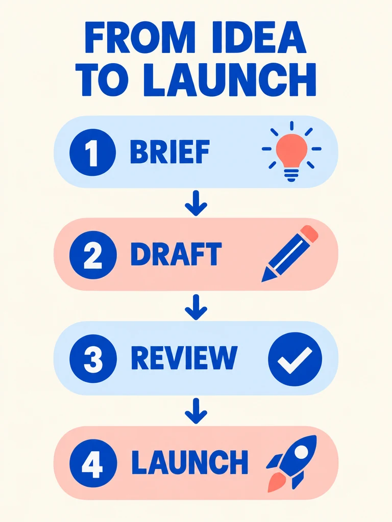 Cream infographic with four steps in order: 1 BRIEF, 2 DRAFT, 3 REVIEW and 4 LAUNCH, connected by downward arrows.