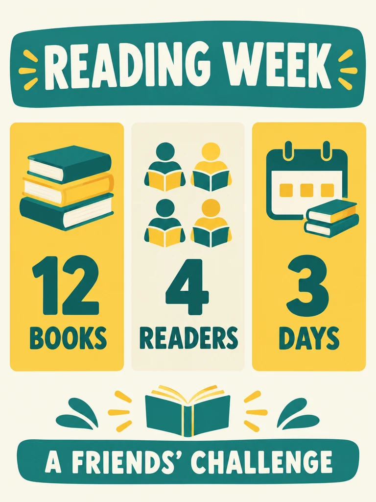 Reading infographic with the three values 12 BOOKS, 4 READERS and 3 DAYS.