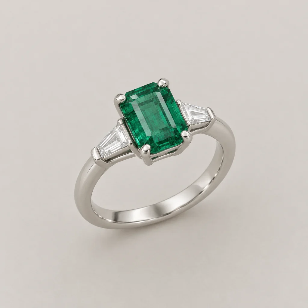 Platinum ring with a green center stone — Studio jewelry concept showing metal finish and connected components