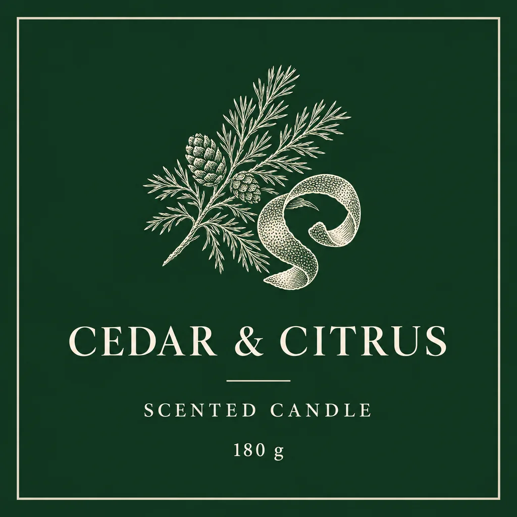 Dunkelgrünes Etikett mit Zeder, Zitrusfrüchten, CEDAR & CITRUS, SCENTED CANDLE und 180 g