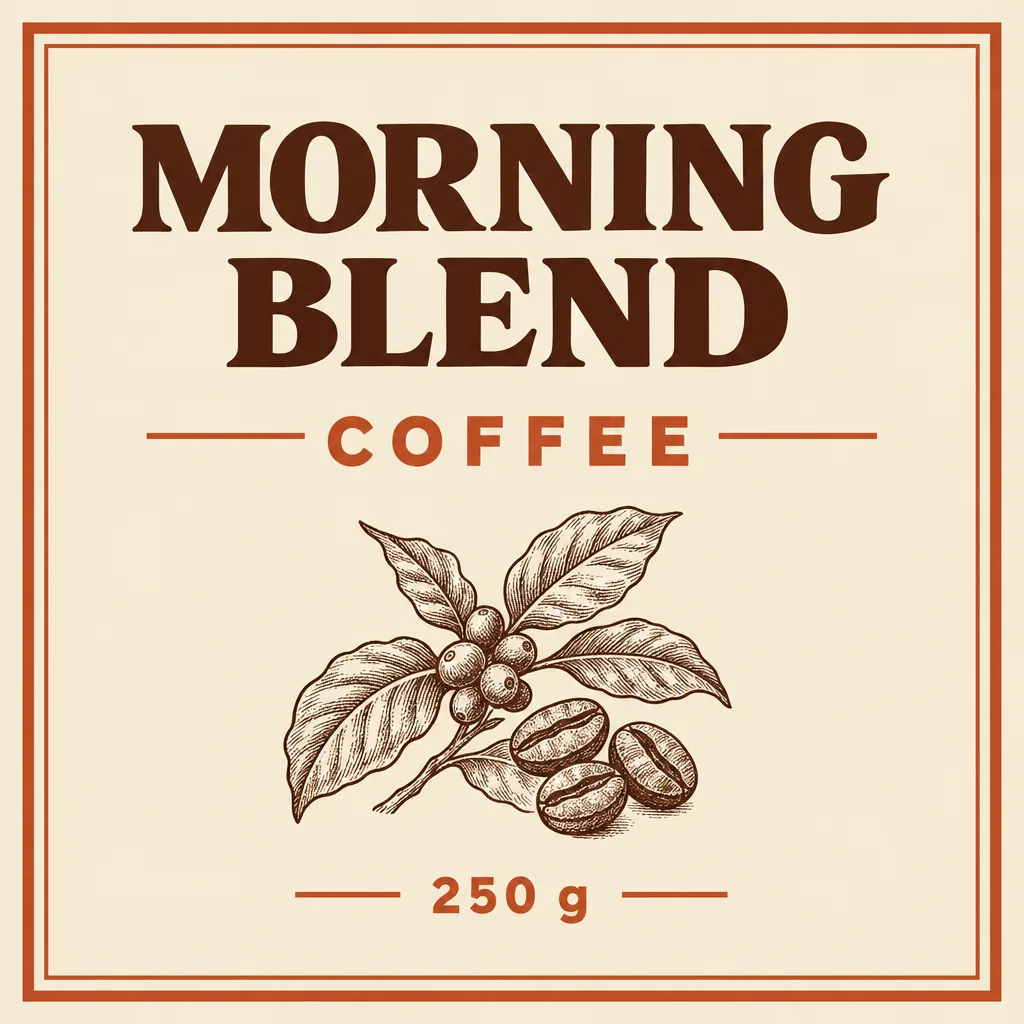 Cremefarbenes und terrakottafarbenes Etikett mit Kaffeebohnen, Blättern, MORNING BLEND, COFFEE und 250 g