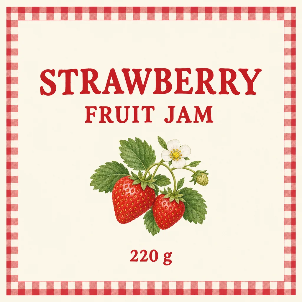 Cremefarbenes und rotes Etikett mit Erdbeeren, Karomuster, STRAWBERRY, FRUIT JAM und 220 g