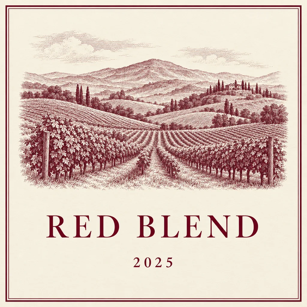 Elfenbeinfarbenes und bordeauxrotes Etikett mit graviertem Weinberg, RED BLEND und 2025