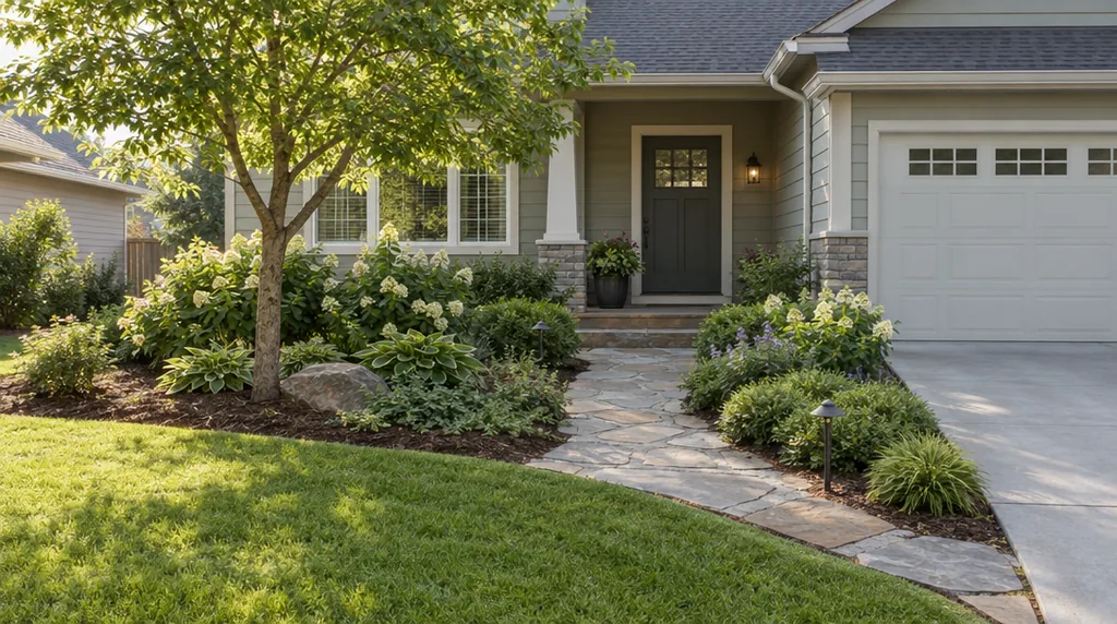 AI landscape design of a suburban front yard with a stone path, layered low-maintenance planting and a small shade tree