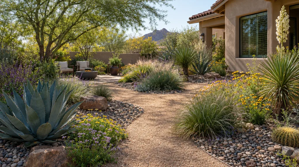 AI landscape design of a desert yard with gravel bands, agave, yucca, native grasses and a shaded seating nook